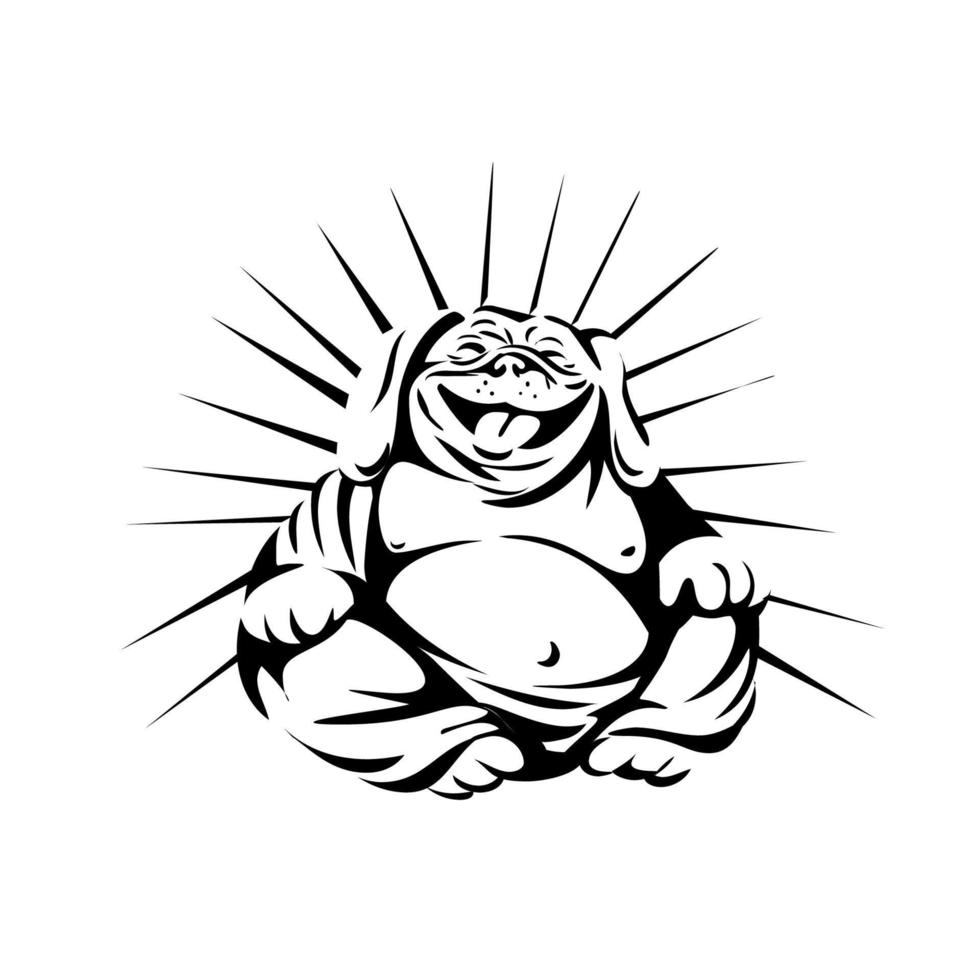 Laughing Bulldog Buddha Sitting Black and White vector