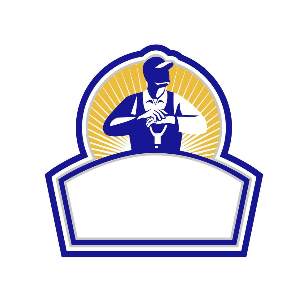 Organic Farmer Leaning Shovel Shield Retro vector