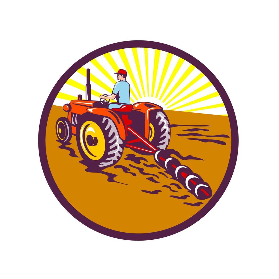 agricultor en tractor círculo retro vector