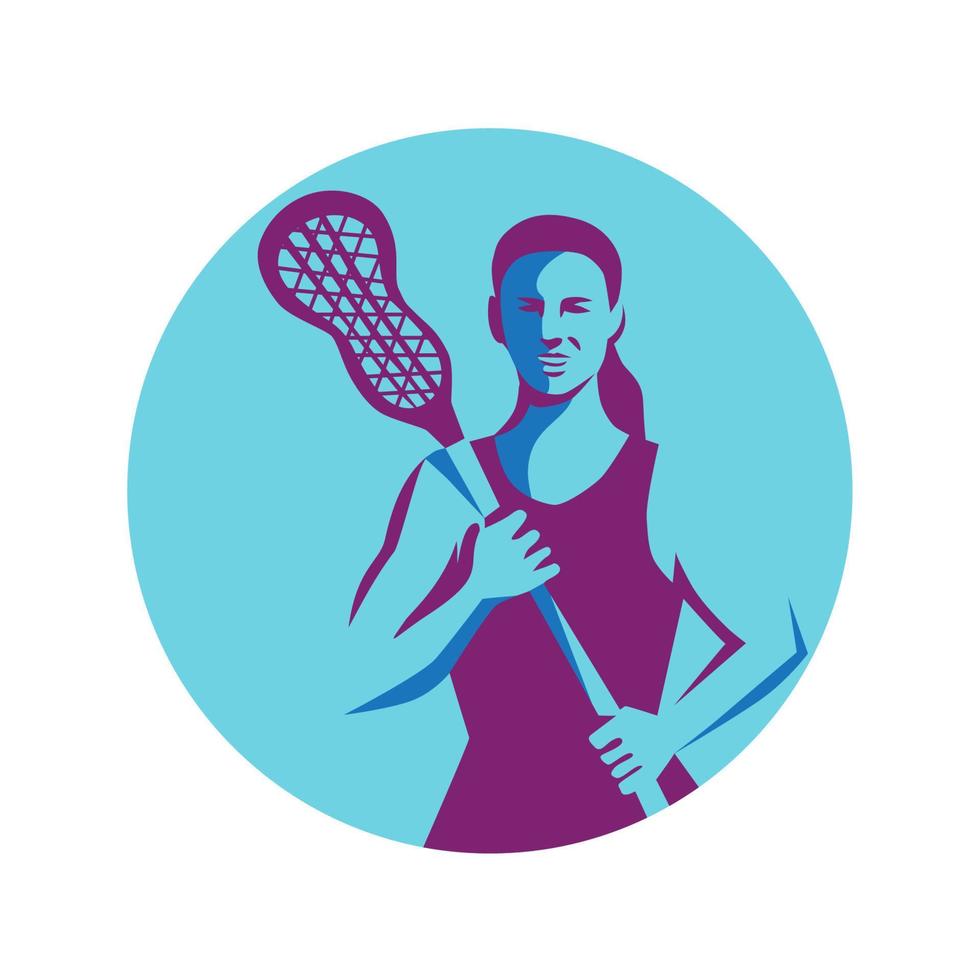 círculo de palo de jugador de lacrosse femenino retro vector