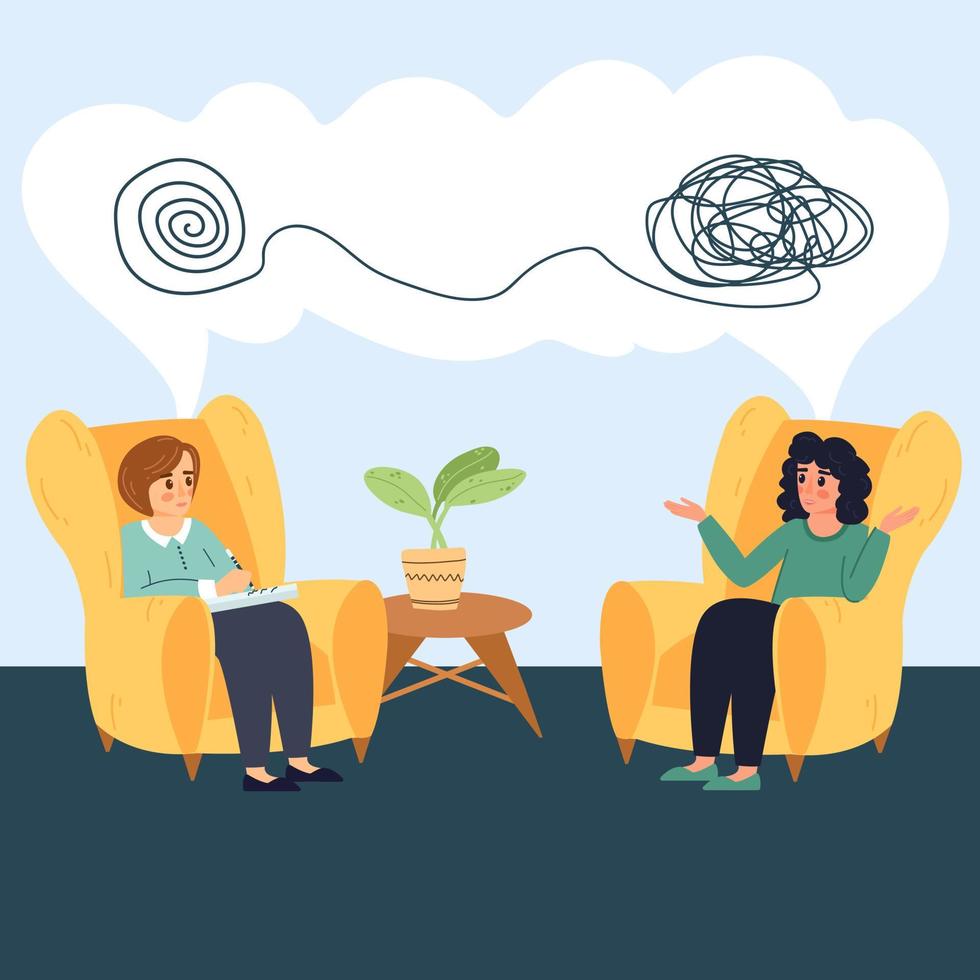 Psychologist appointment in cartoon flat style. Concept of mental health. Vector illustration of doctor counseling patient. Two women talking, psychology consultation.