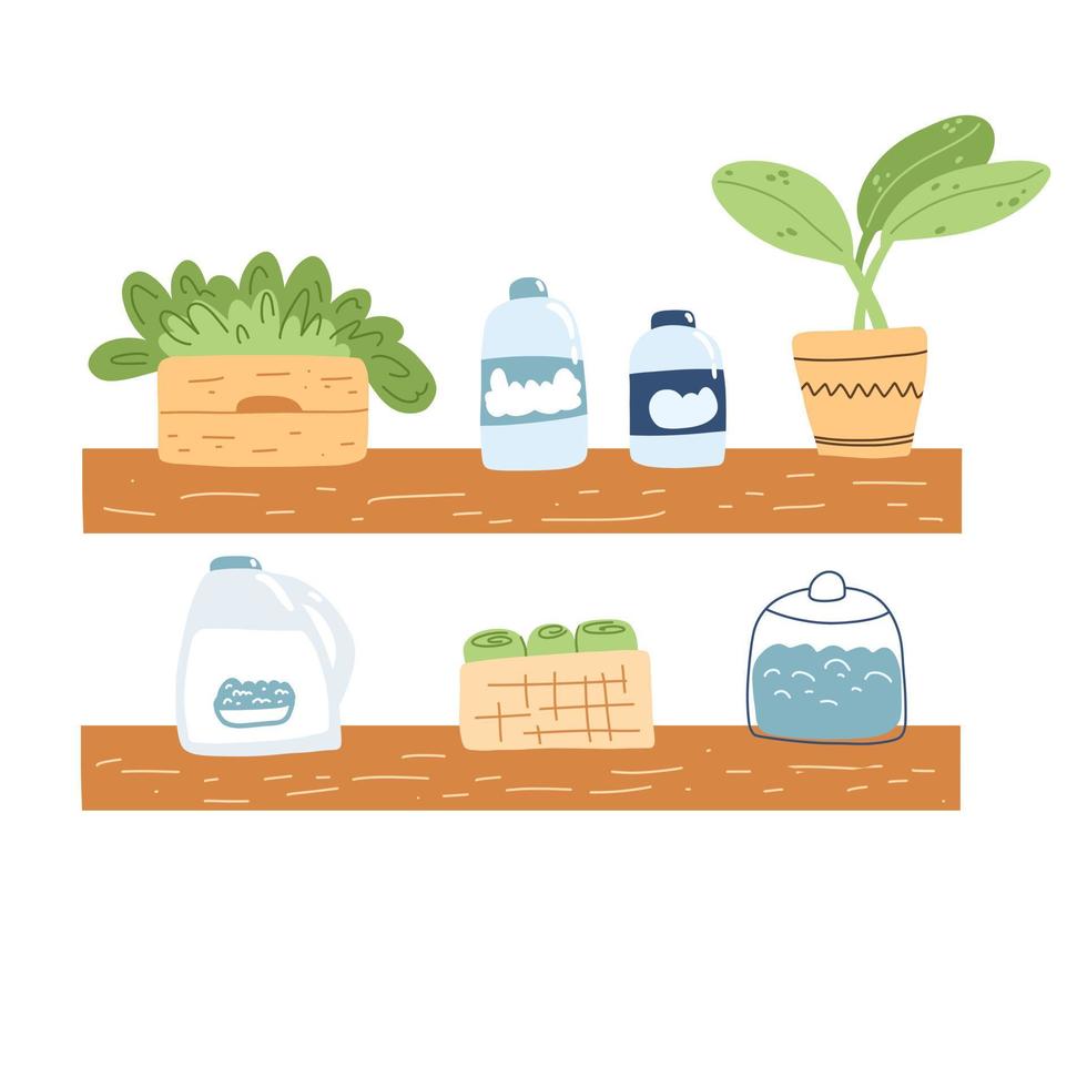 Bathroom shelves with bottles, towels and plants in cartoon flat style. Vector illustration of cozy modern shelf.