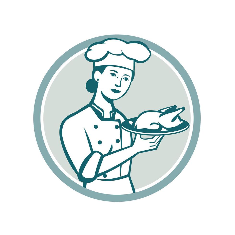 Female Chef Serving Chicken Roast Circle Retro vector