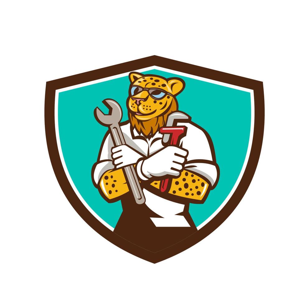 Leopard Mechanic Spanner Monkey Wrench Crest Cartoon vector