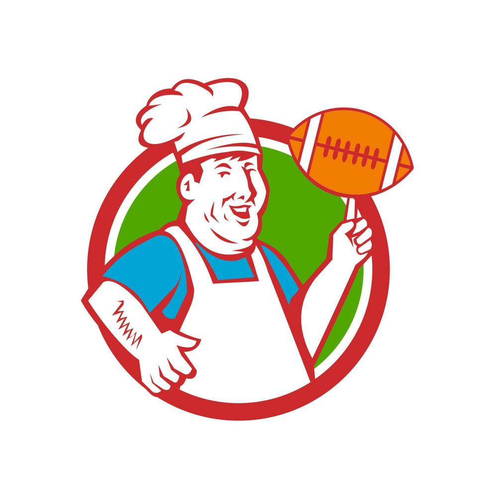 Fat Chef Cook Twirling Football Circle Retro vector