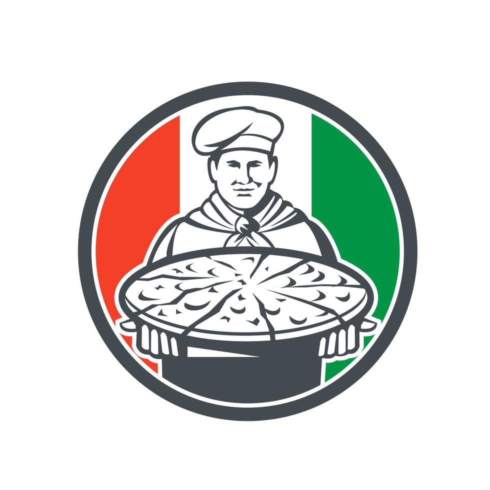 chef italiano cocinero sirviendo pizza círculo retro vector