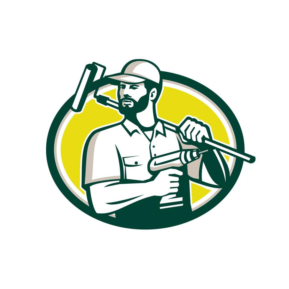 Handyman Bearded Drill Paintroller Oval Retro vector