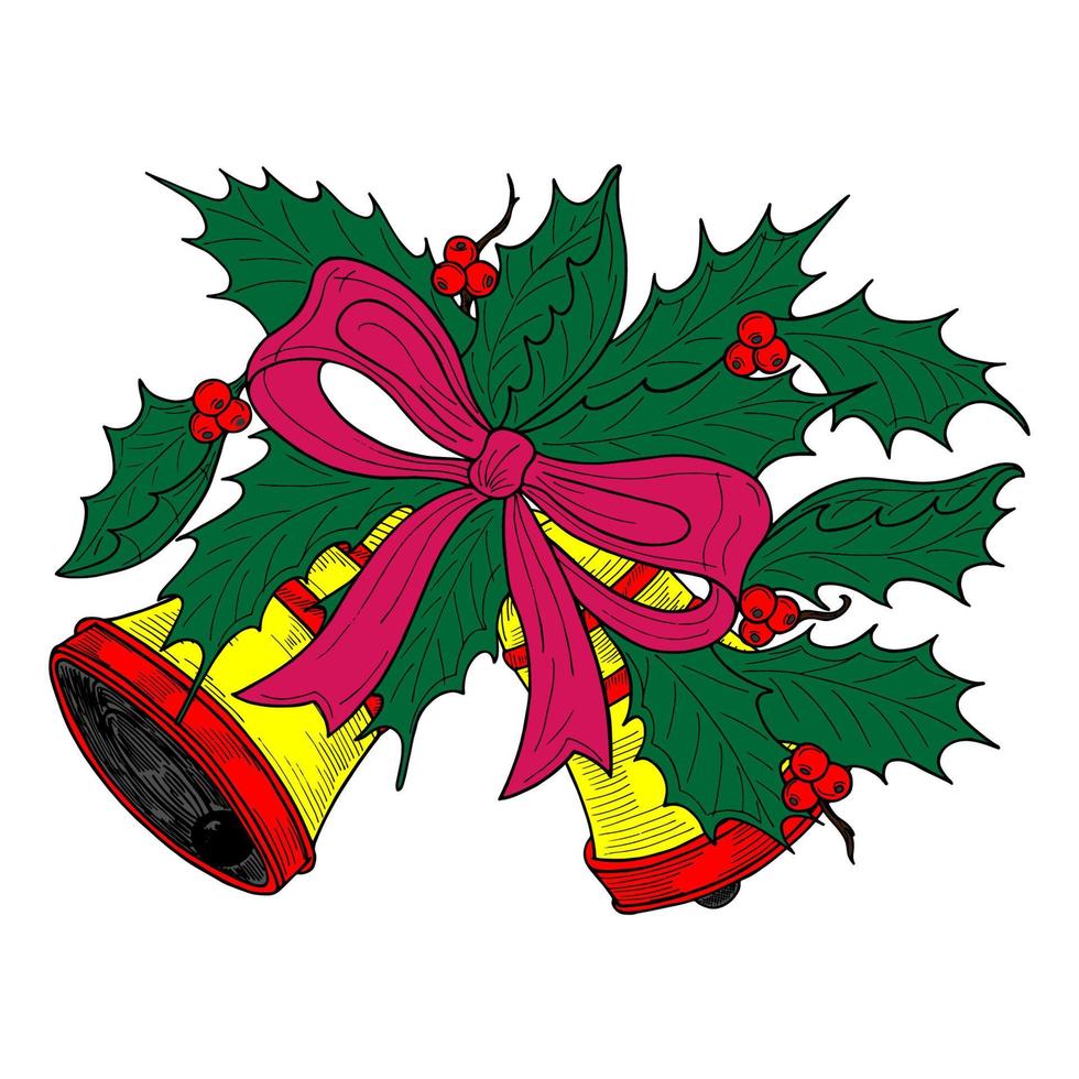 campanas de navidad pintadas a mano. boceto, ilustración colorida con decoración navideña vector
