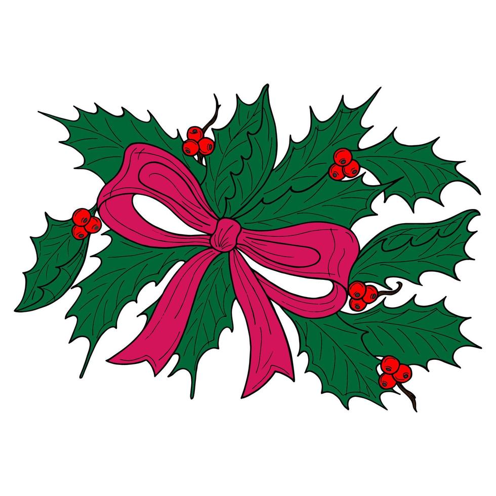 Hand-drawn,colorful Christmas decoration with holly branches and a bow vector
