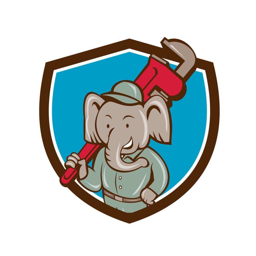 Elephant Plumber Monkey Wrench Crest Cartoon vector