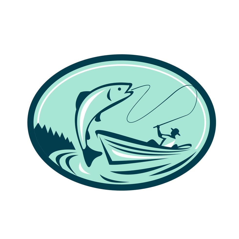 Fly Fisherman Boat Reeling Trout Retro vector
