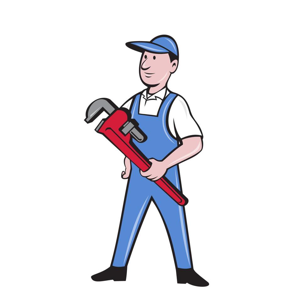 Handyman Pipe Wrench Standing Cartoon vector