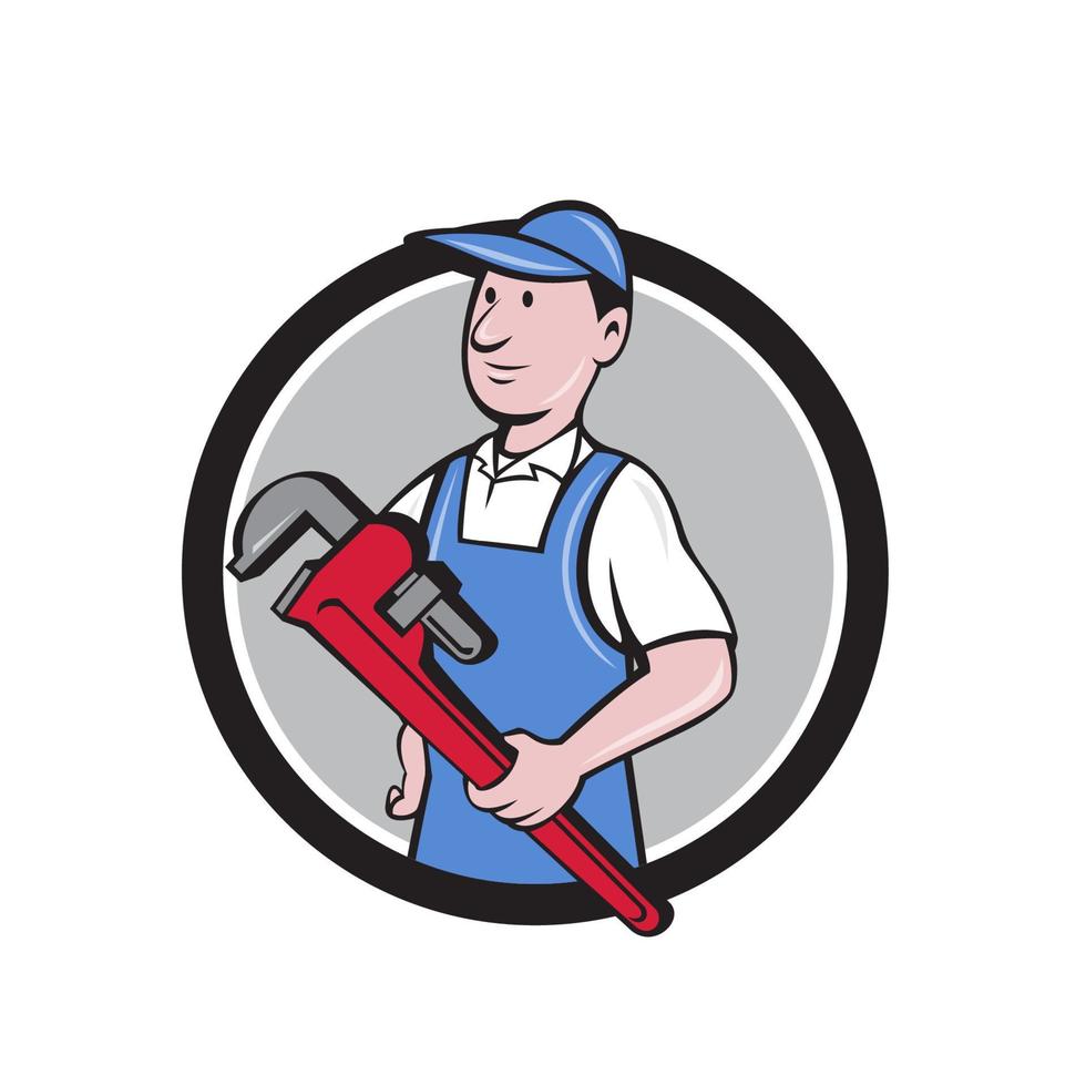 Handyman Holding Pipe Wrench Circle Cartoon vector