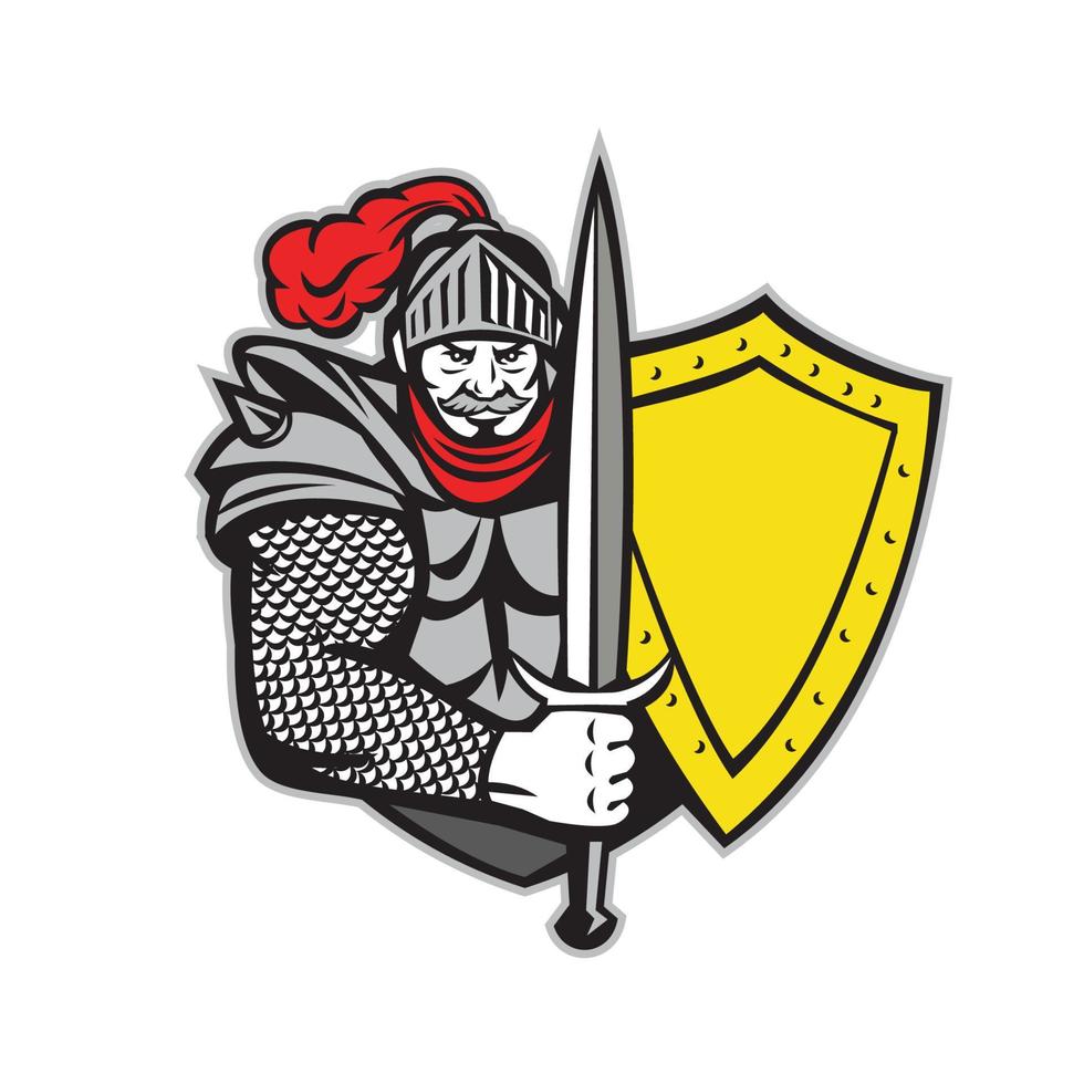 Knight Full Armor Open Visor Sword Shield Retro vector