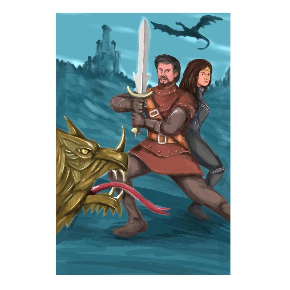Cavalier and Princess Fighting Dragon Watercolor vector