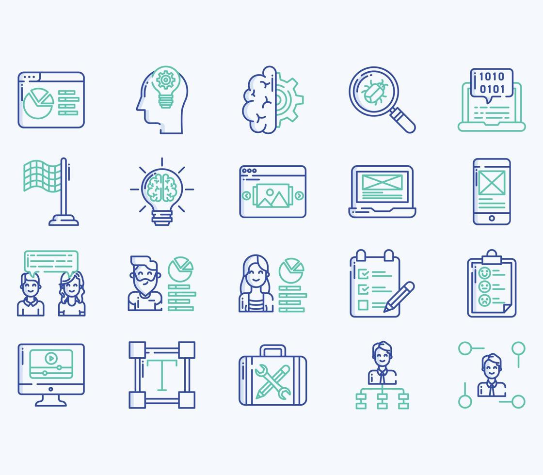 Simple icon set of 40 UX ans UI Vector Line Icons. Contains such Icons as Idea, bug, user, mobile, tap and more web icons set. Collection of vector set. 512x512 Pixel Perfect.