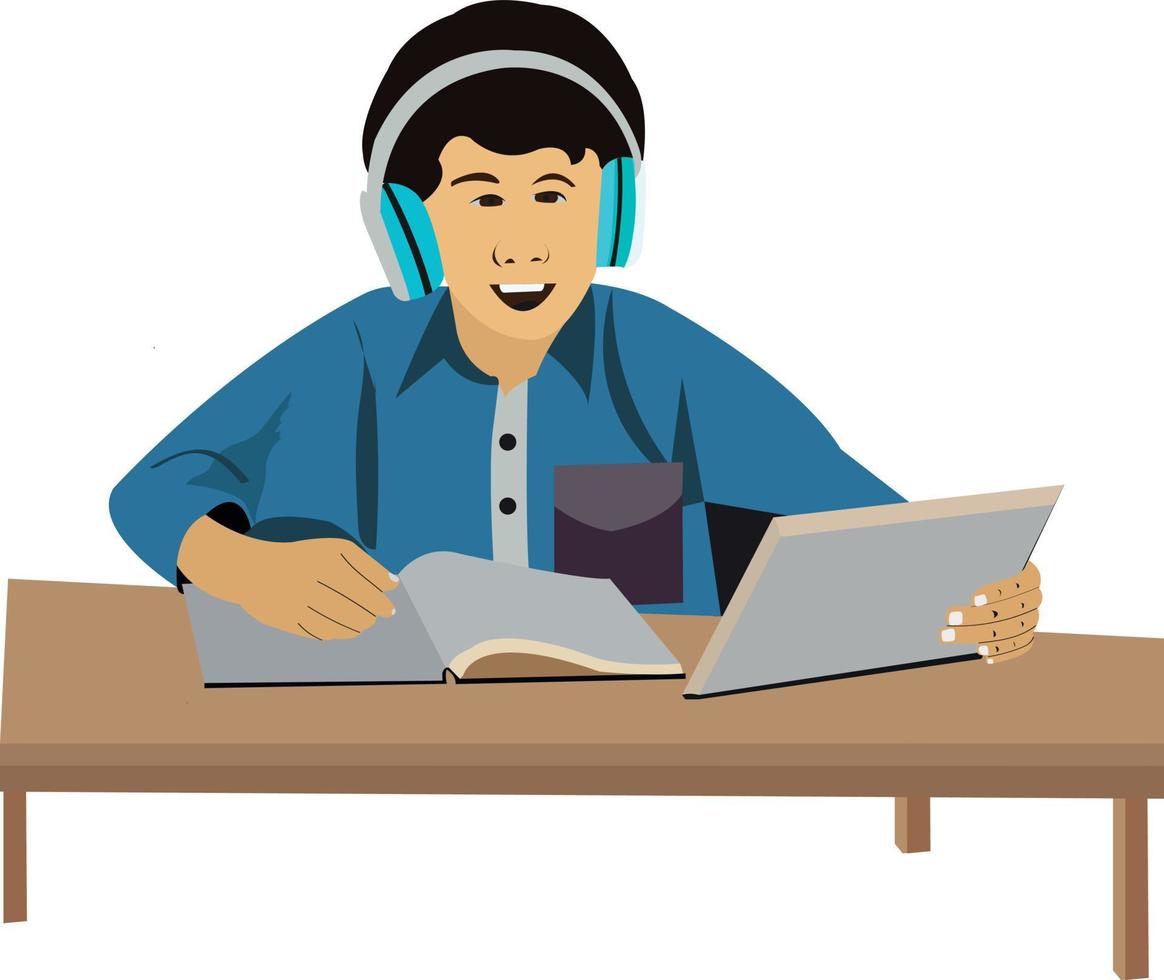 Boy Reading Bock With Tab Flat Vector Illustration
