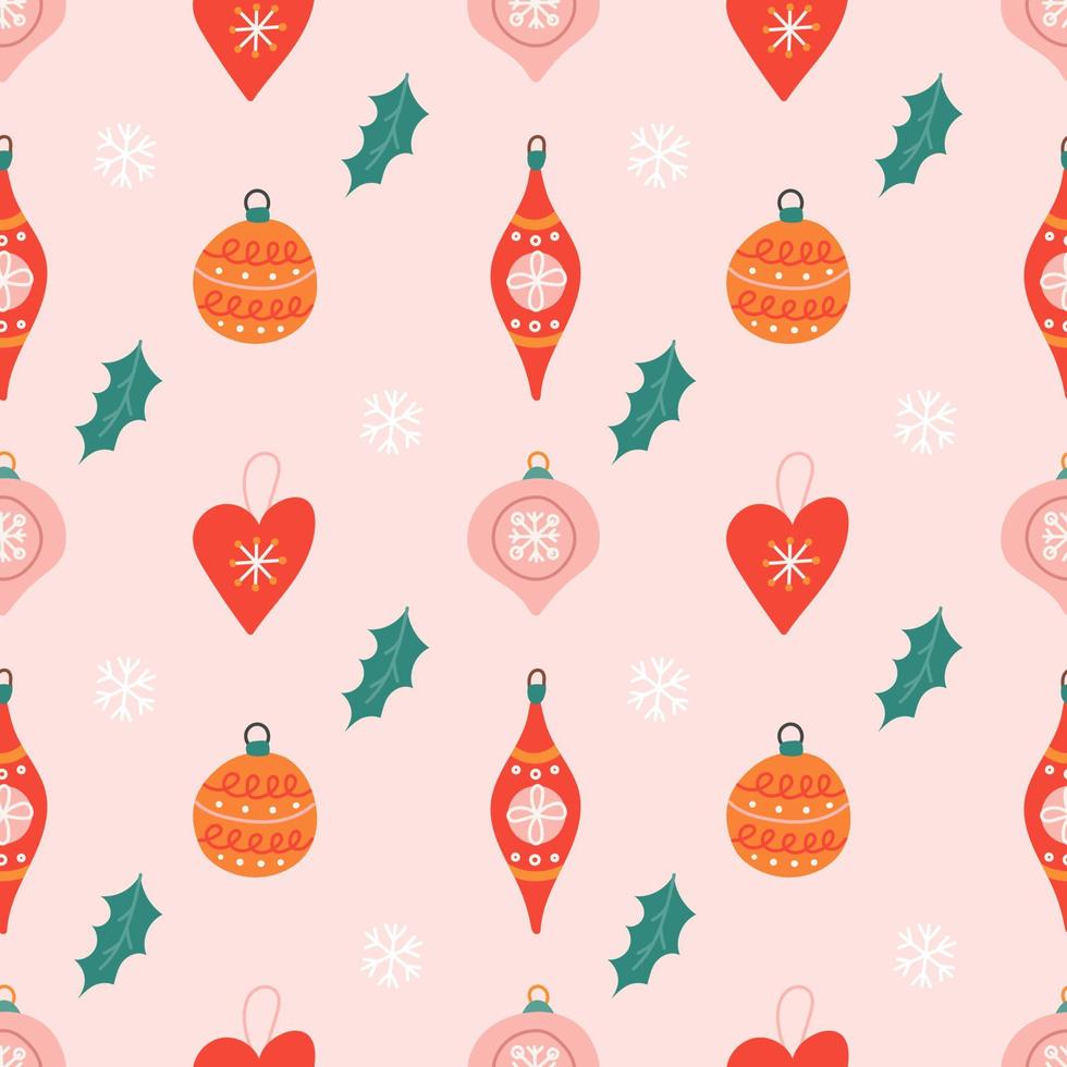 juguetes de árbol de navidad con copos de nieve sobre fondo rosa, patrón vectorial sin costuras vector