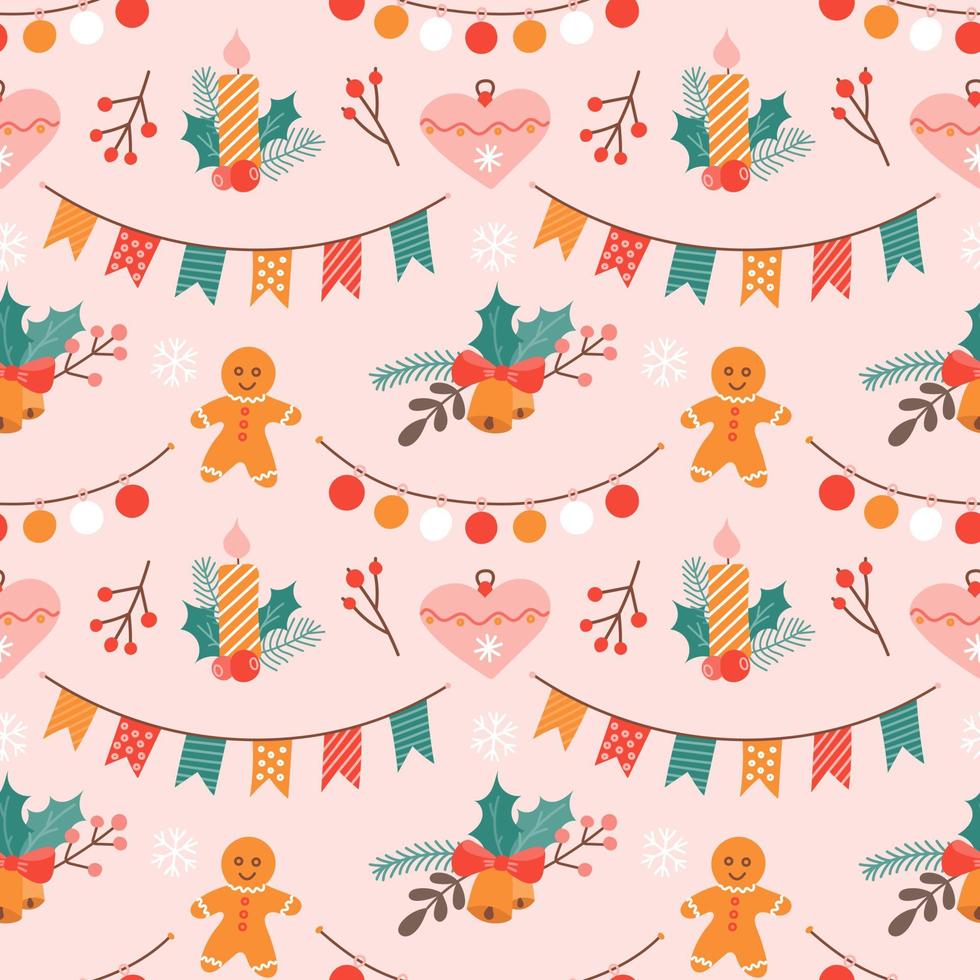 Cute Christmas vector pattern with festive symbols on pink background