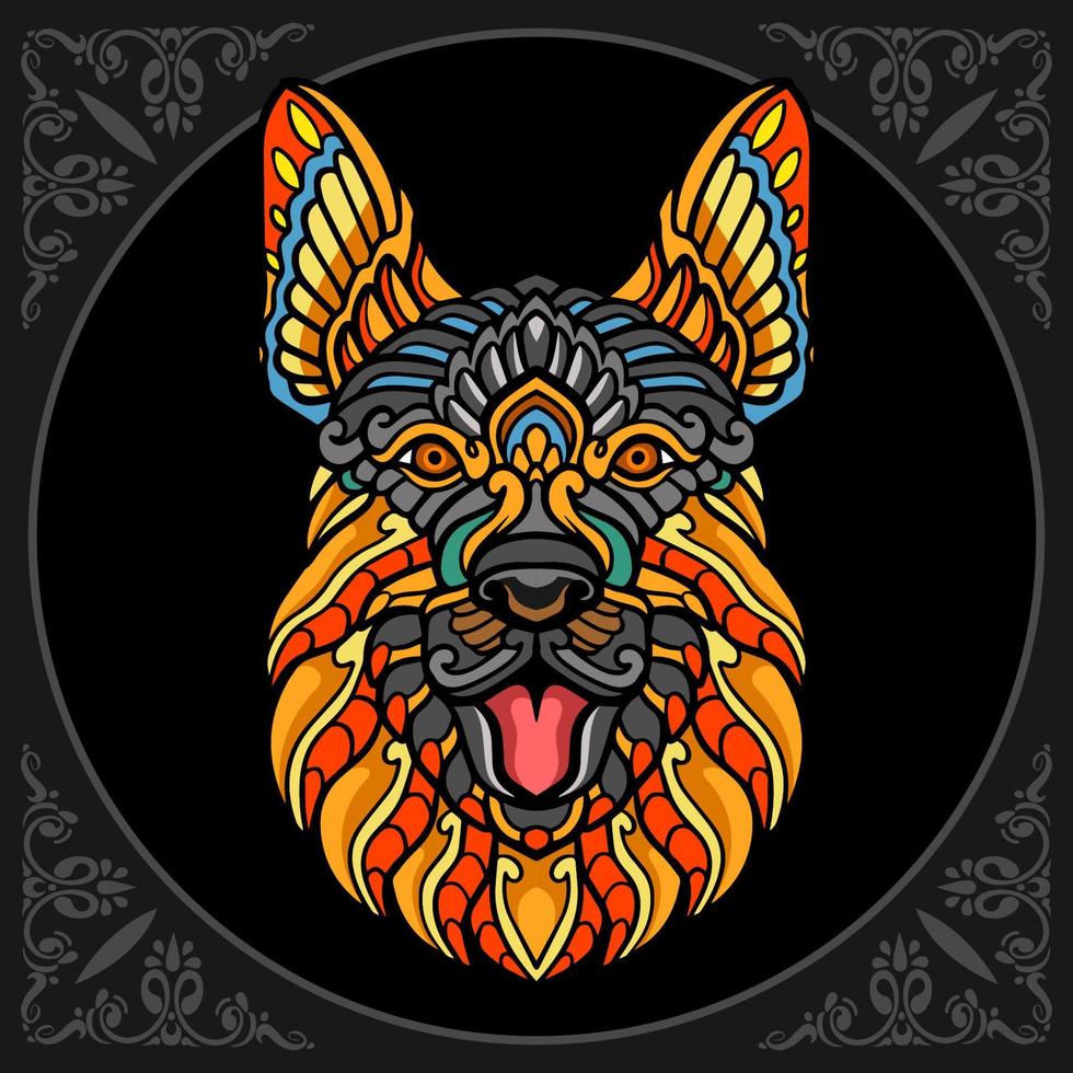 colorido perro cabeza zen maraña artes aislado sobre fondo negro vector