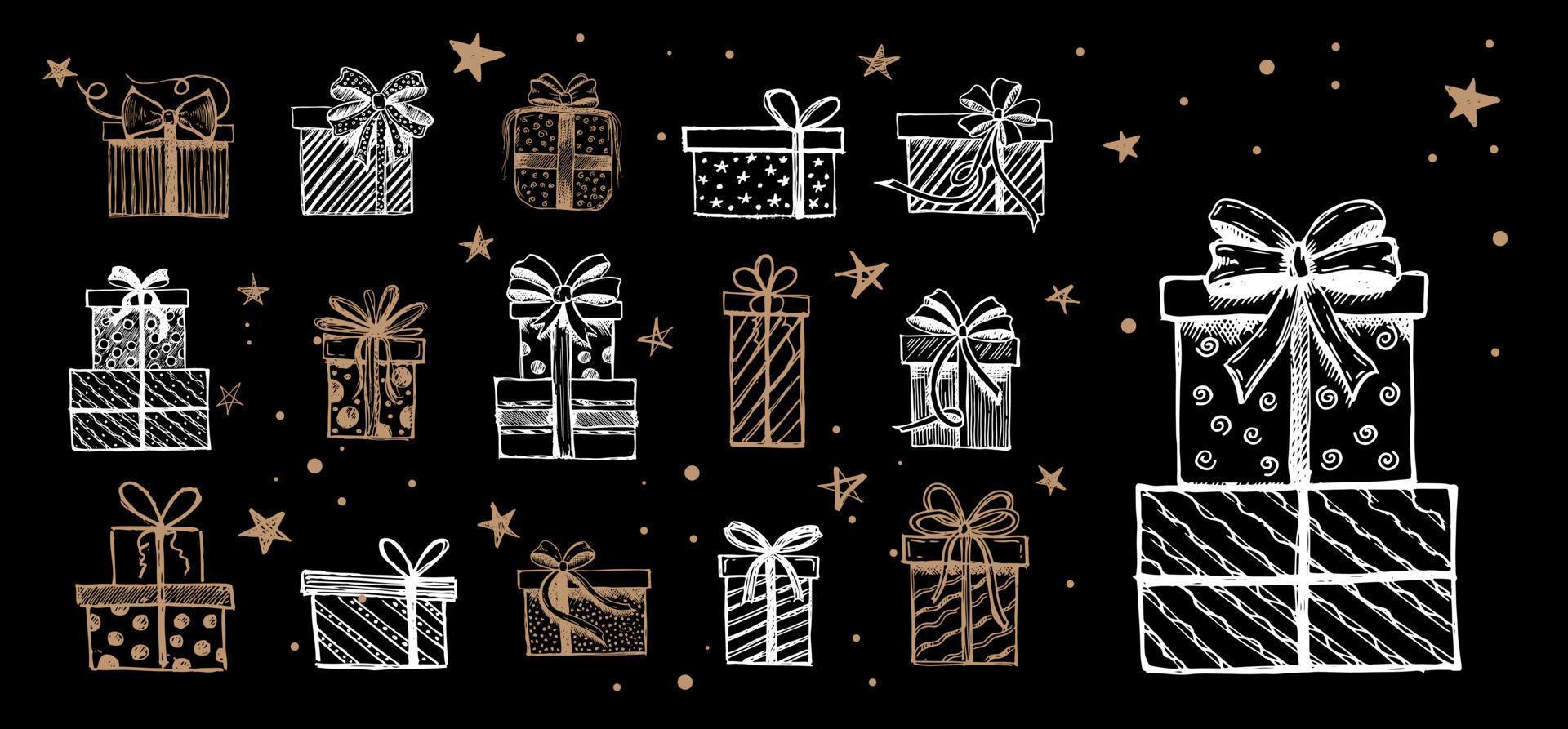 Doodle icons of gift box. Hand drawn elements. vector