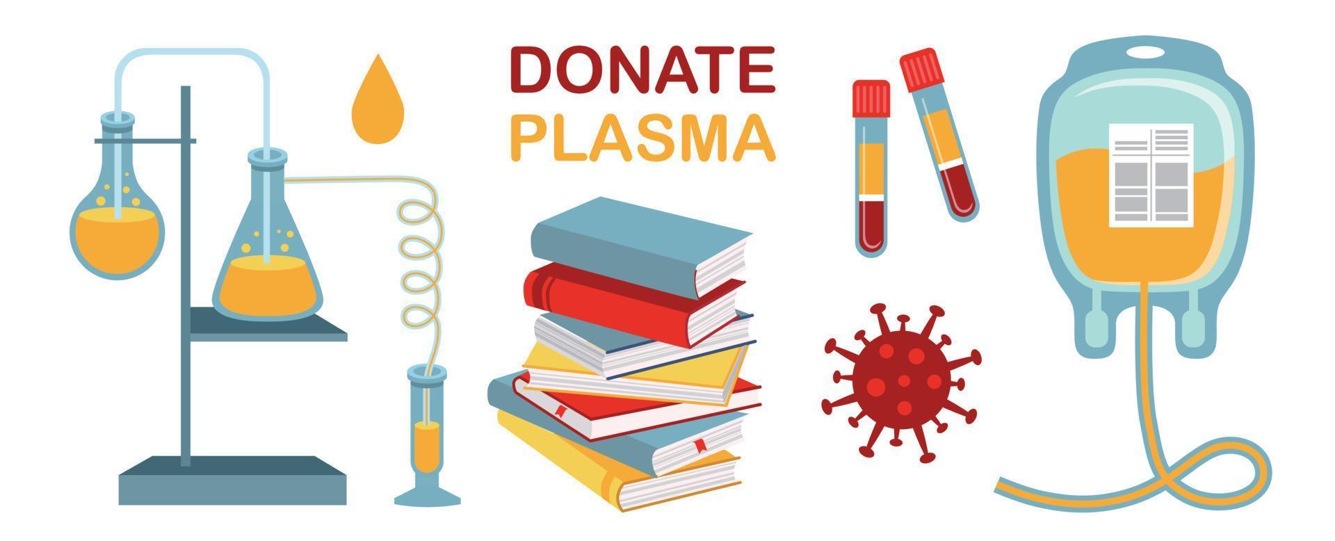 Donate plasma. Medical analysis. Stack of books flat vector illustration.
