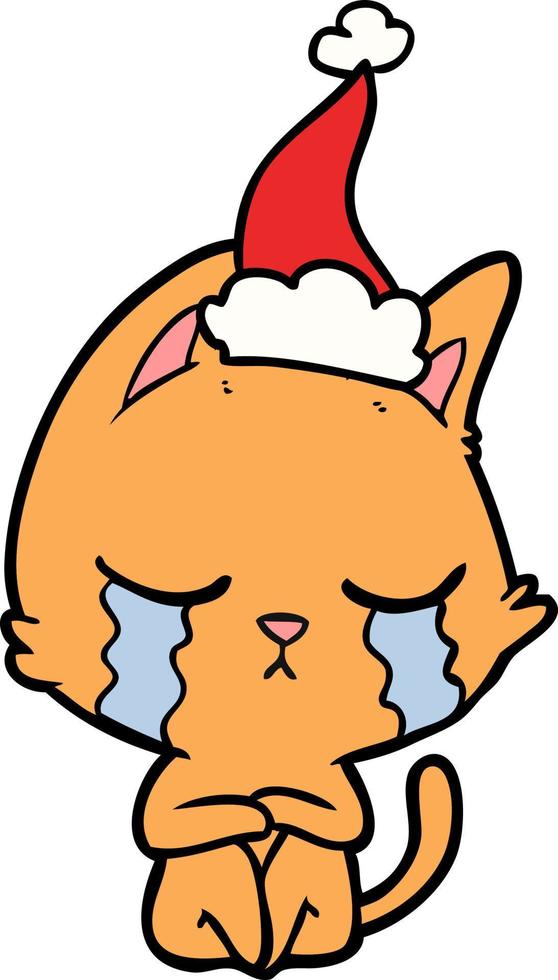 crying line drawing of a cat sitting wearing santa hat vector