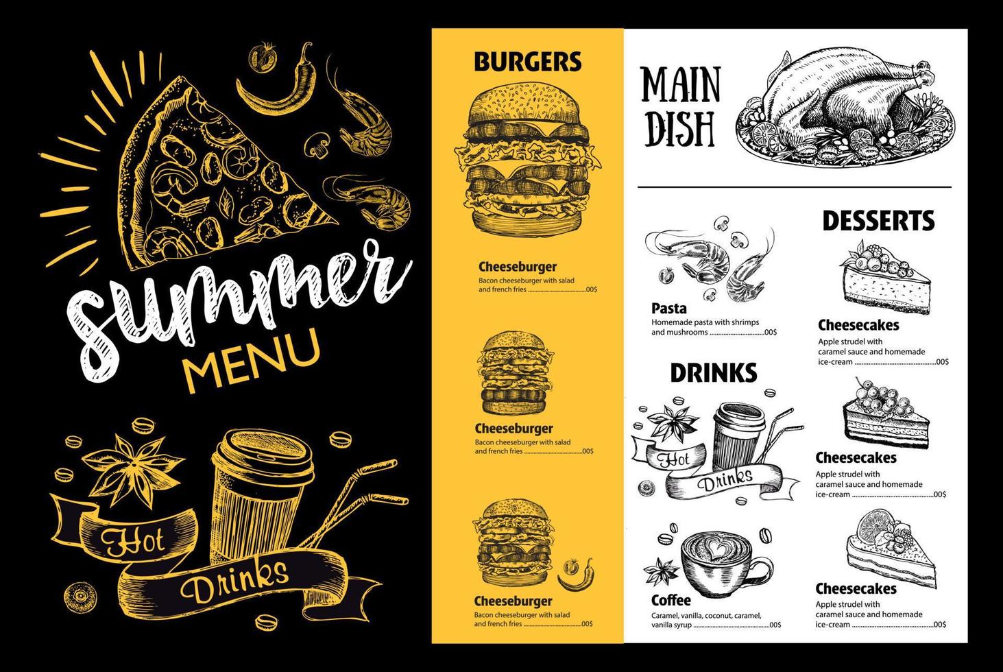 Restaurant food menu design. Summer menu, hand drawn illustrations. Vector food flyer.