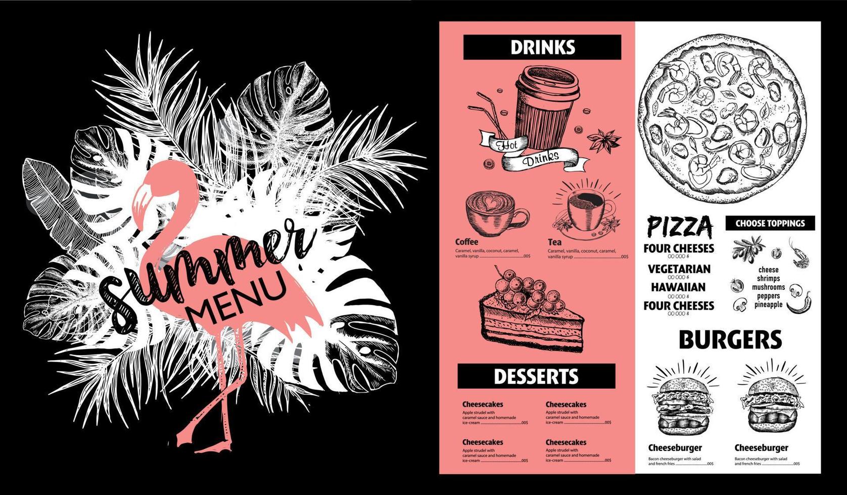 Restaurant food menu design. Summer menu, hand drawn illustrations. Vector food flyer.