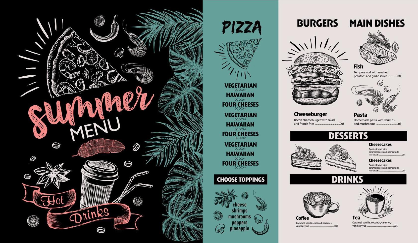 Restaurant food menu design. Summer menu, hand drawn illustrations. Vector food flyer.