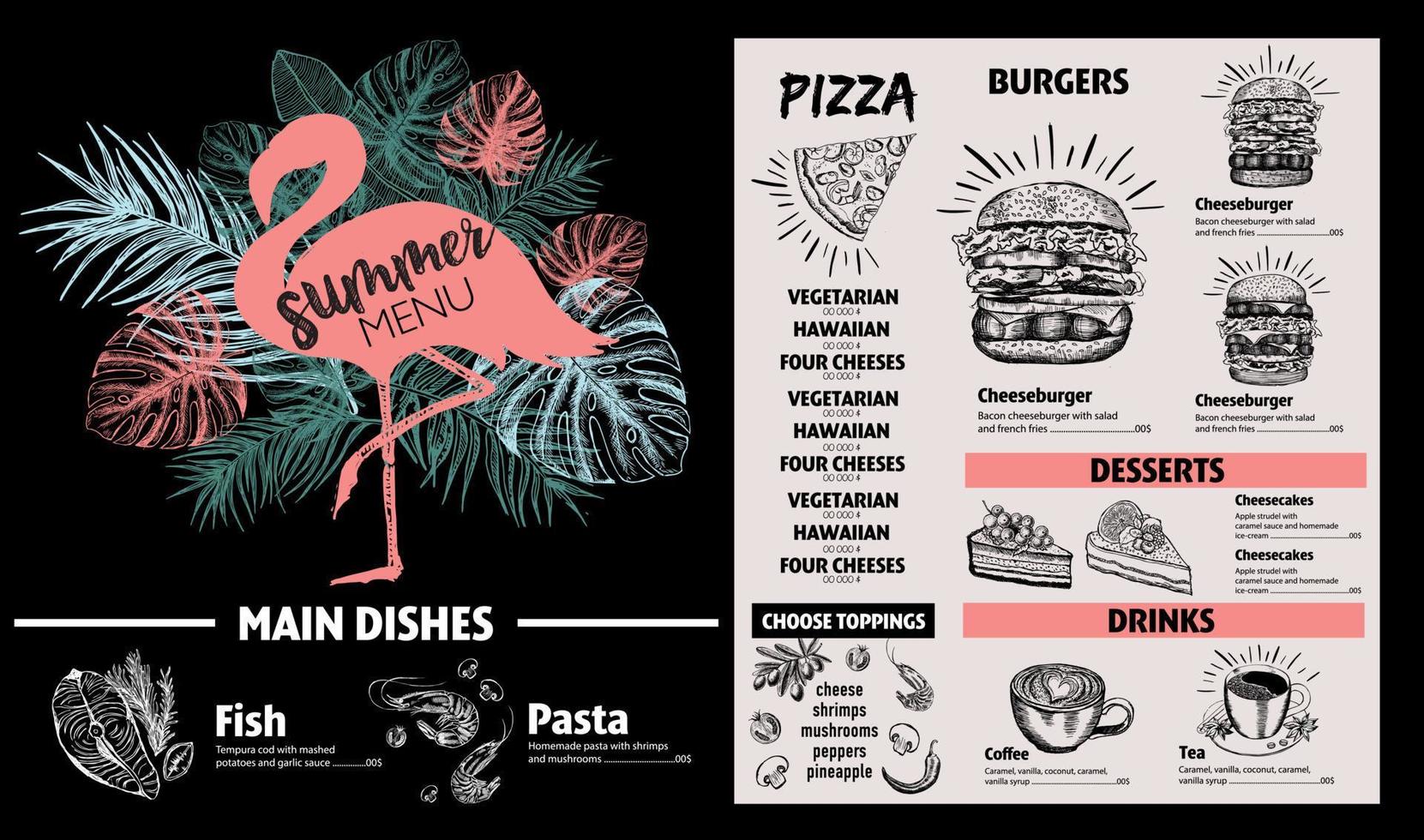 Restaurant food menu design. Summer menu, hand drawn illustrations. Vector food flyer.