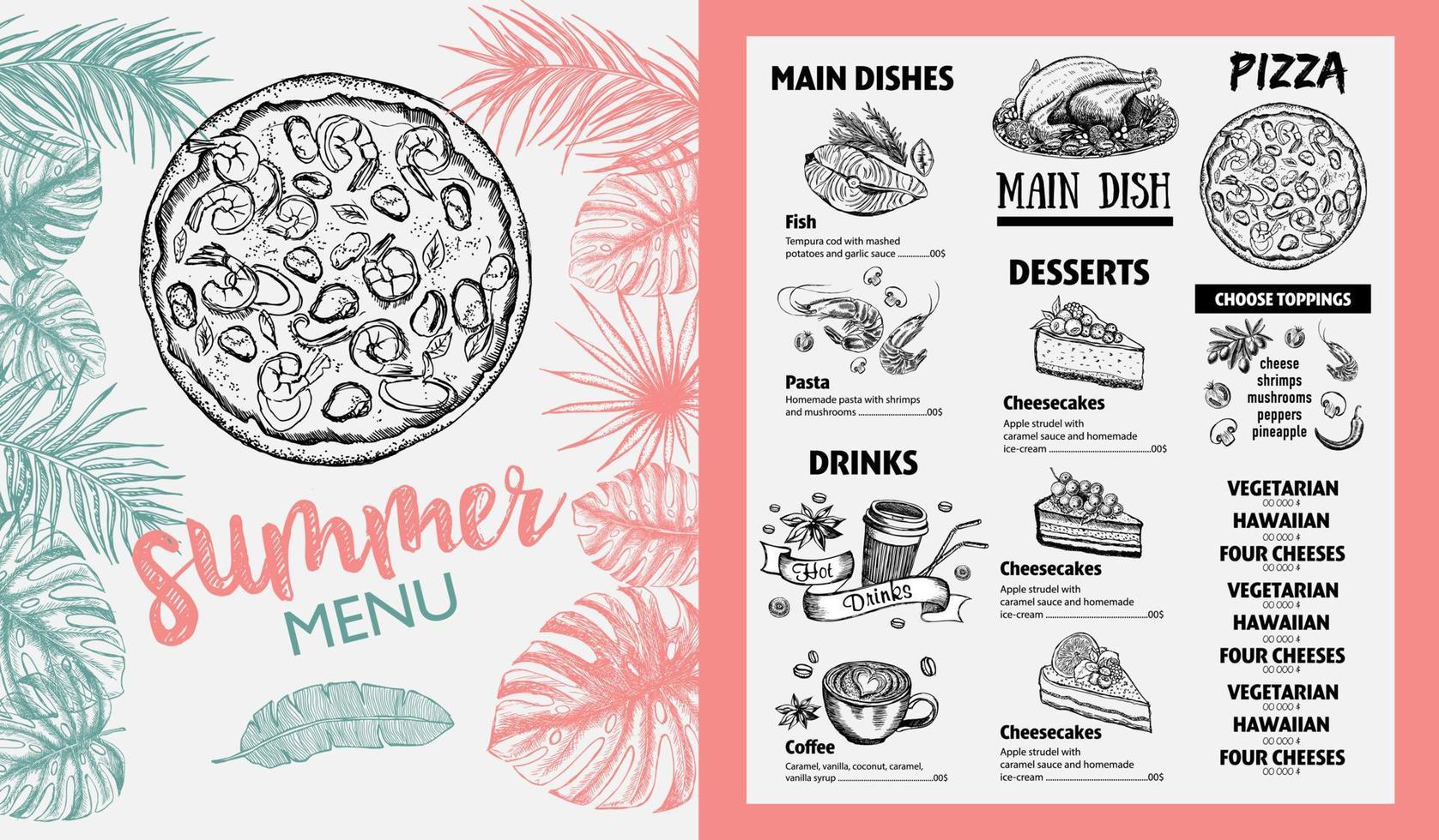 Restaurant food menu design. Summer menu, hand drawn illustrations. Vector food flyer.