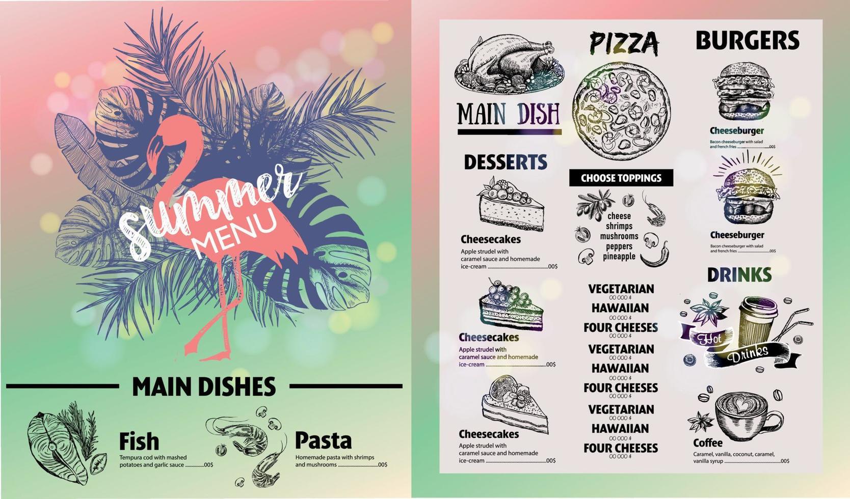 Restaurant food menu design. Summer menu, hand drawn illustrations. Vector food flyer.