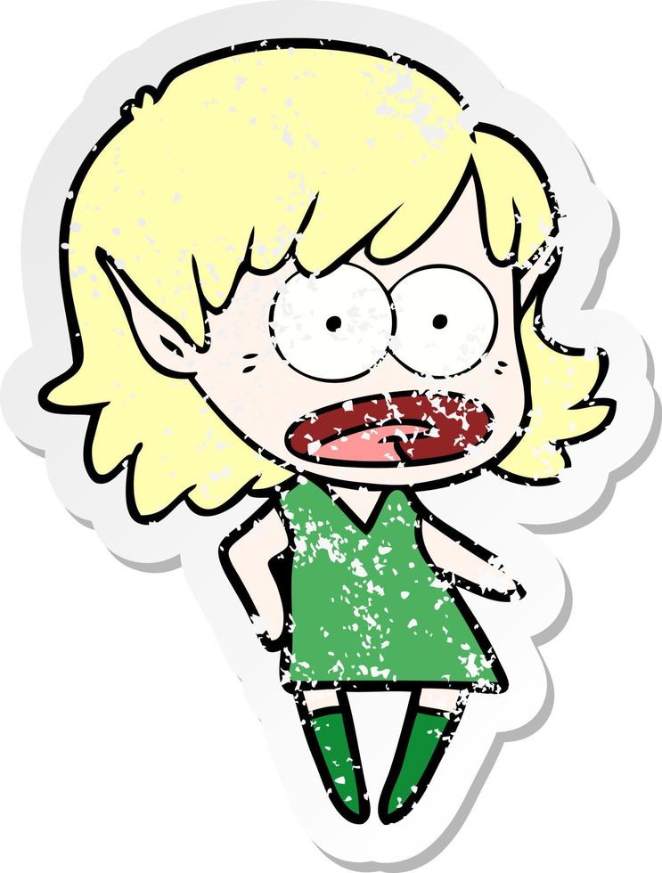 distressed sticker of a cartoon shocked elf girl vector