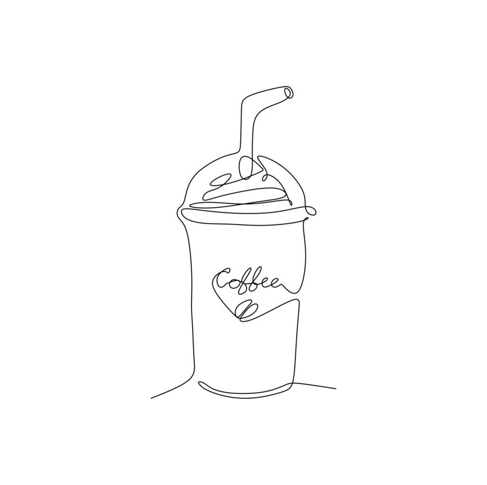 café frappuccino en un vaso de plástico con pajita. dibujo de una sola línea continua ilustración vectorial diseño de estilo dibujado a mano para el concepto de alimentos y bebidas vector