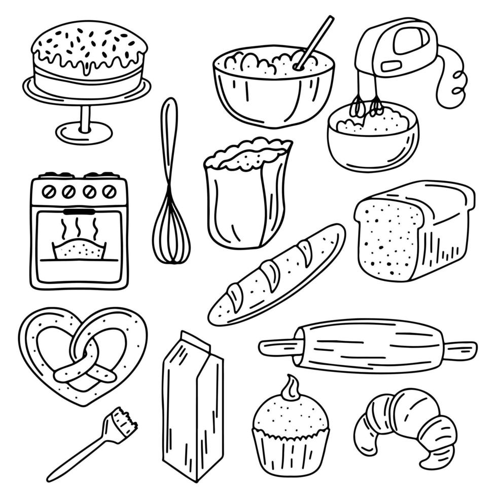 conjunto dibujado a mano de elementos para hornear y cocinar. estilo de dibujo de fideos. colección de elementos de panadería. ilustración para icono, menú, diseño de recetas. vector