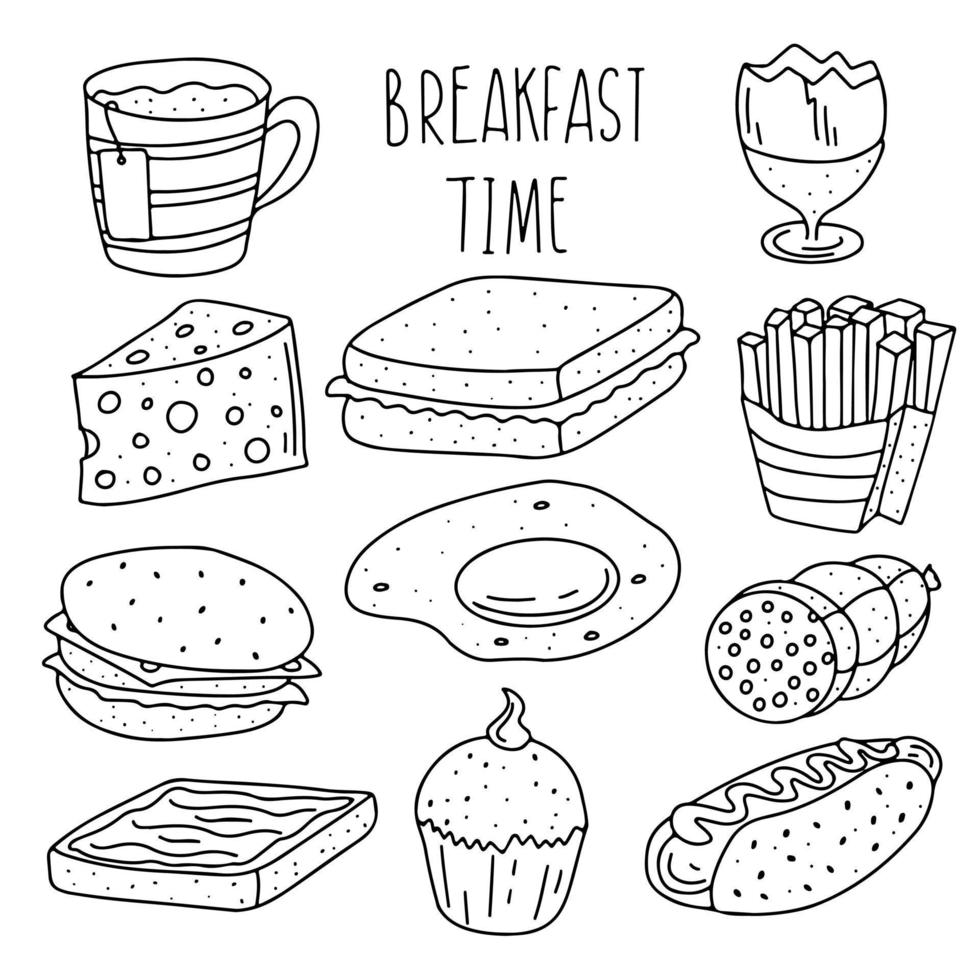 Breakfast time collection in hand drawn doodle style. Morning meal, coffee and tea, fried egg and croissant , toast, cheese. Meal time. Lunch time isolated on white background. vector