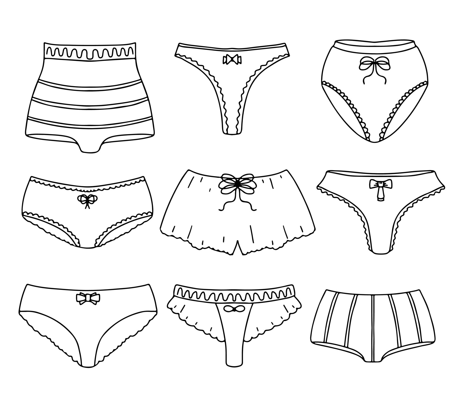 Female underwear collection in hand drawn doodle style. Female underwear of different  types, shapes. Modern underclothing. Vector illustrations isolated on white  background. 11498772 Vector Art at Vecteezy