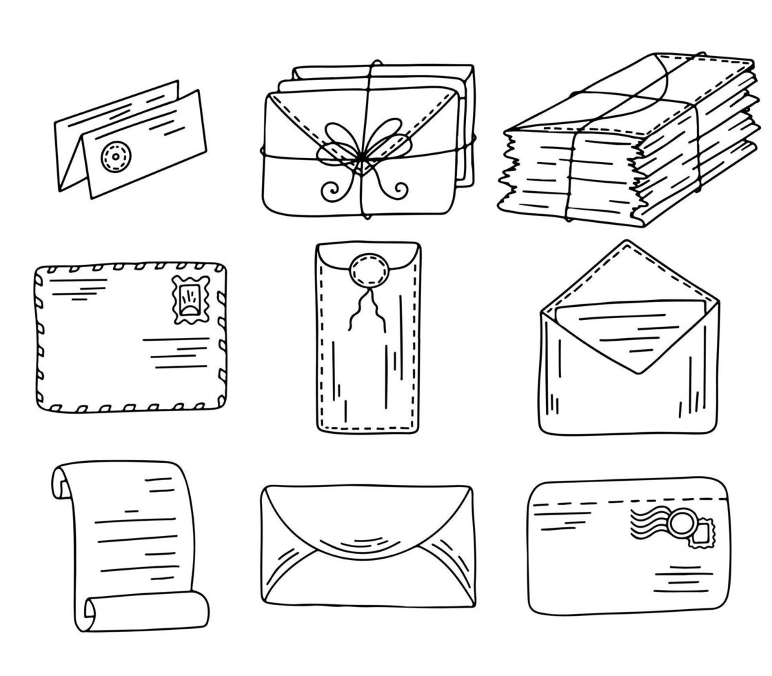 Collection of different envelopes with mail, postmarks and postcards in hand drawn doodle style. Set of various craft paper letters, stationery. Vector illustration.