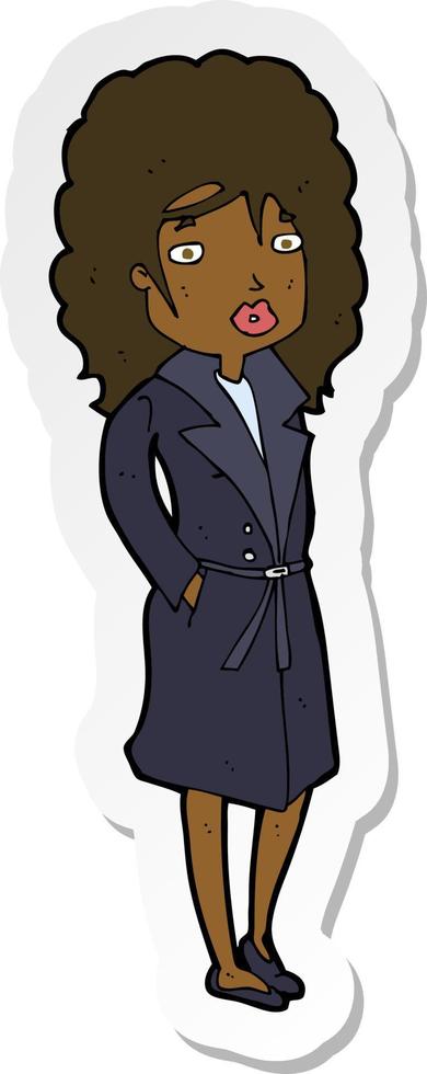 sticker of a cartoon woman in trench coat vector