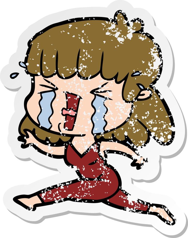 distressed sticker of a cartoon woman in tears vector