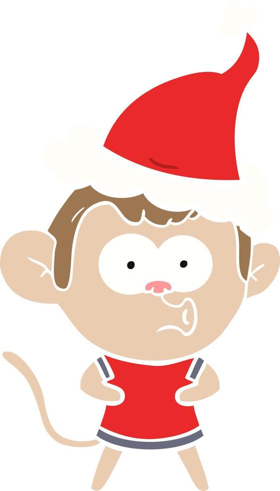 flat color illustration of a surprised monkey wearing santa hat vector