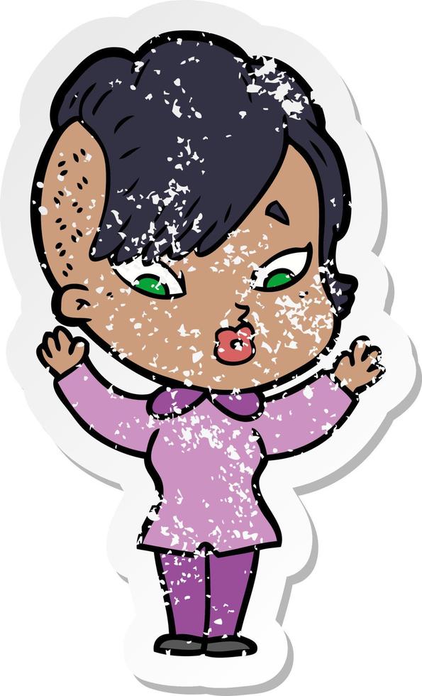 distressed sticker of a cartoon surprised girl vector