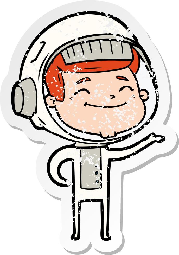 distressed sticker of a happy cartoon astronaut vector