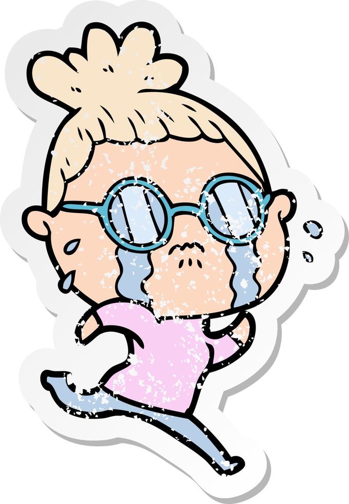 distressed sticker of a cartoon crying woman wearing spectacles vector