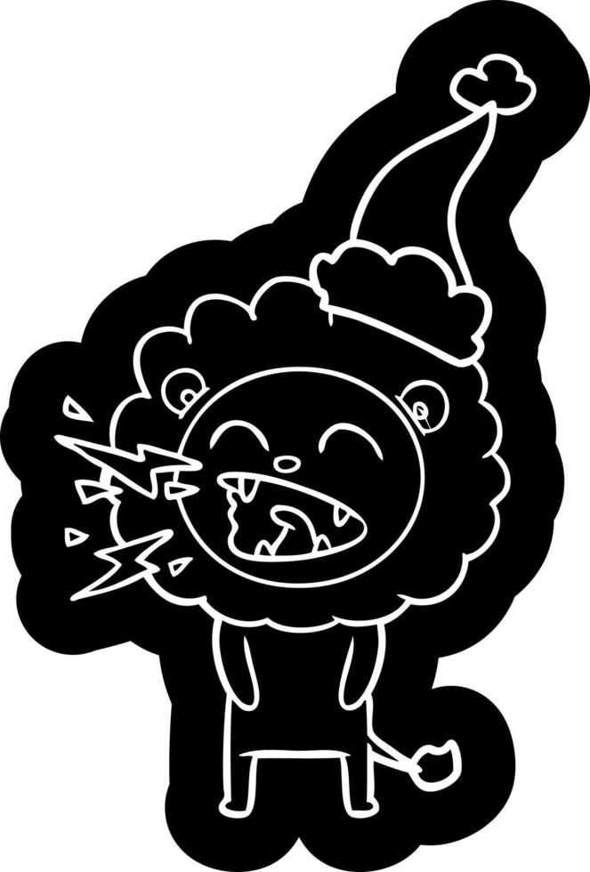cartoon icon of a roaring lion wearing santa hat vector