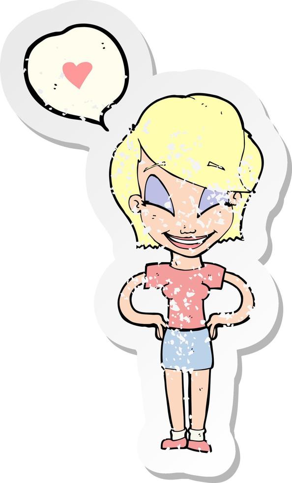 retro distressed sticker of a cartoon woman in love vector