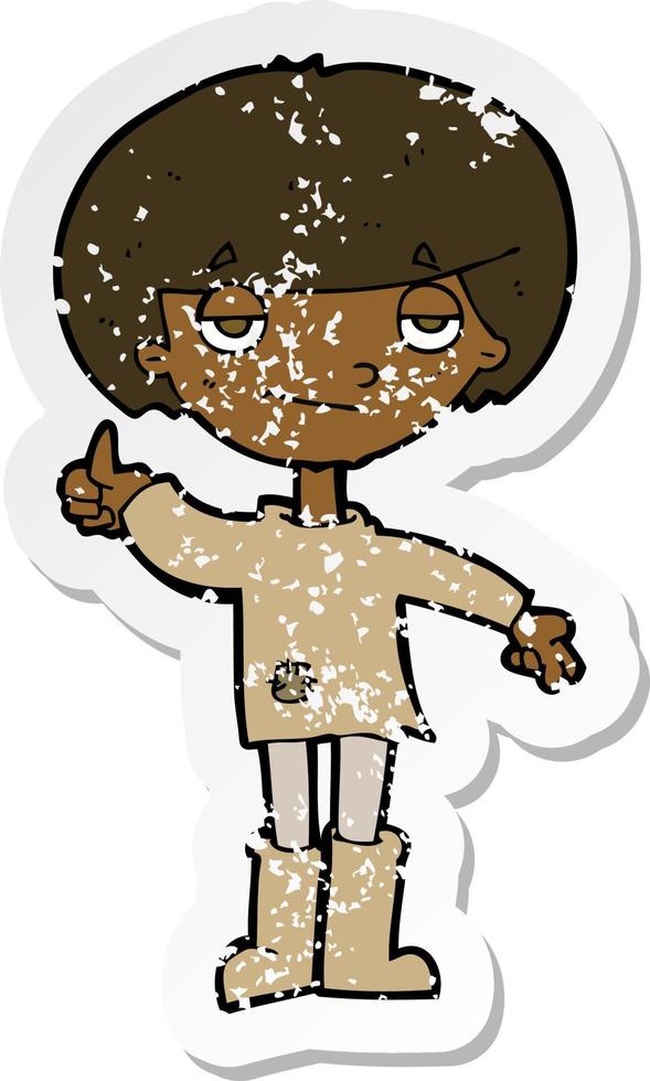 retro distressed sticker of a cartoon boy in poor clothing giving thumbs up symbol vector