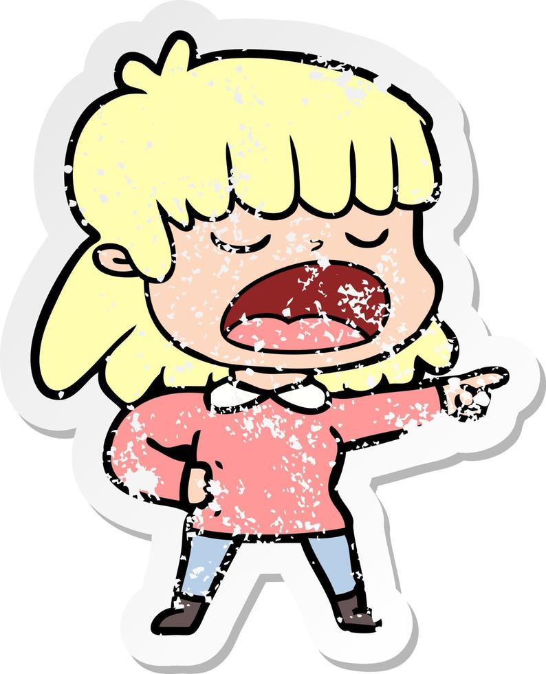 distressed sticker of a cartoon woman talking loudly vector