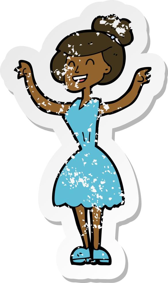 retro distressed sticker of a cartoon woman with raised arms vector